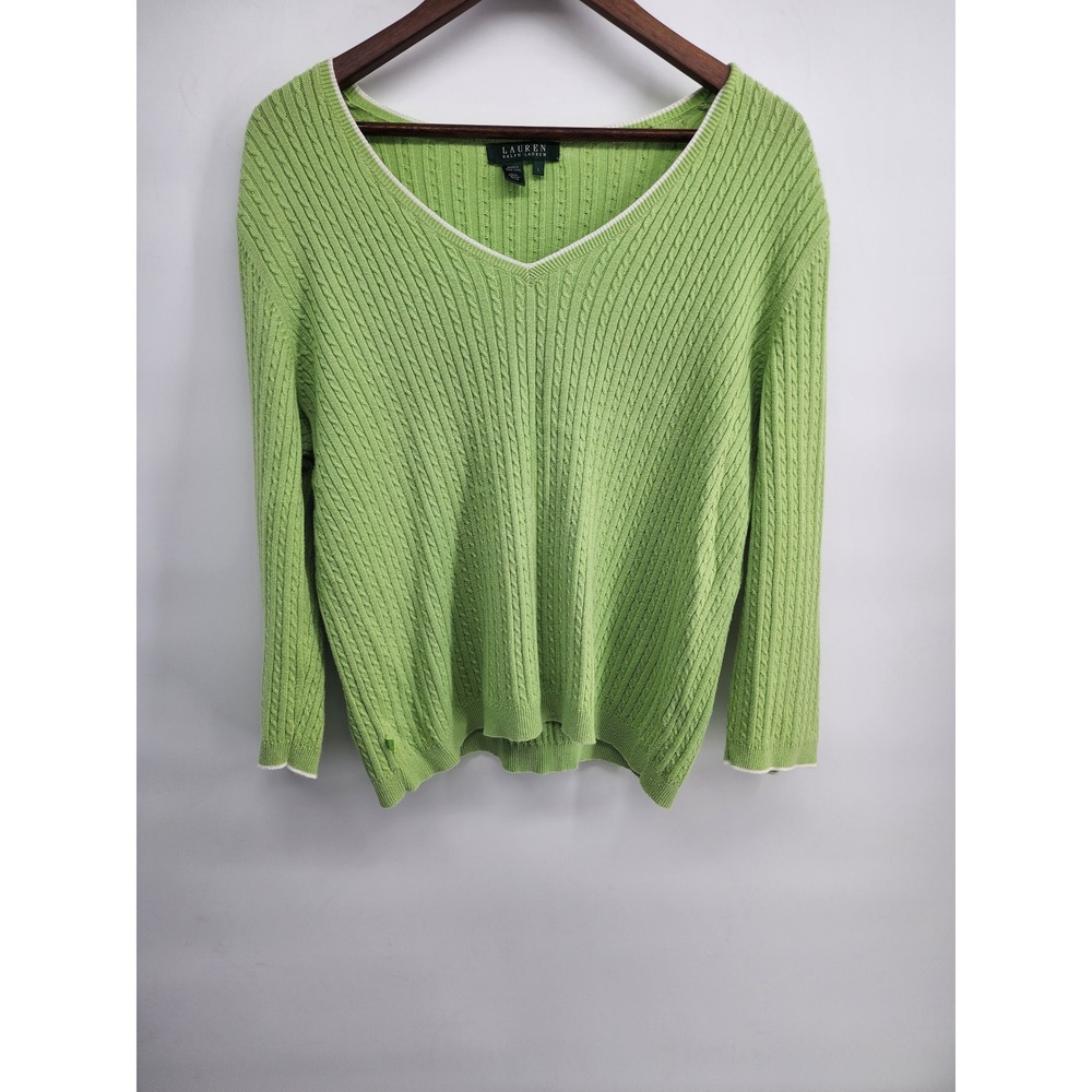 Lauren Ralph Lauren Green‎ Cable Knit V-Neck Cotton Sweater Large L